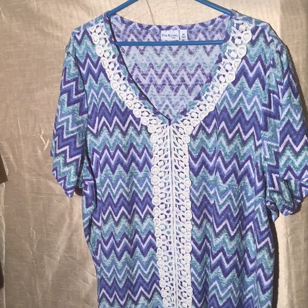 Kim Rogers Graphic Blue and Purple Short Sleeve Blouse